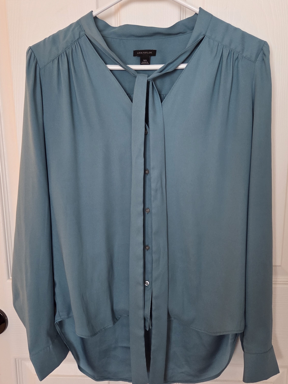 Ann Taylor Teal Tie-Neck Blouse, XS